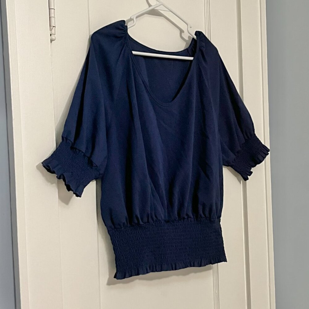 Navy smocked ruffle sleeve blouse classic preppy bamboo size XL sustainable
